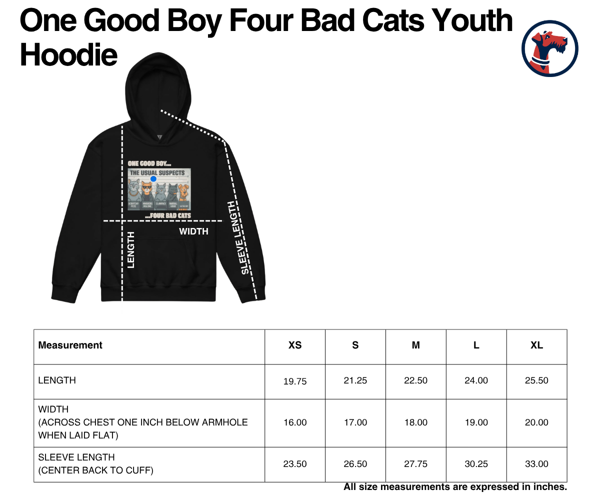 Size chart for One Good Dog, Four Bad Cats Youth Hoodie