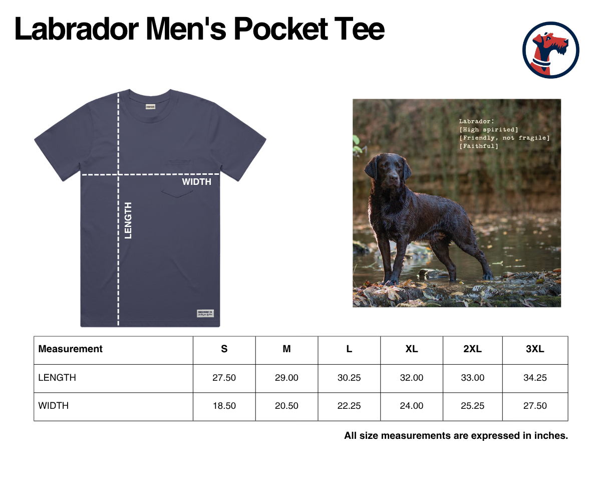 Size chart for The Labrador Men's Pocket Tee