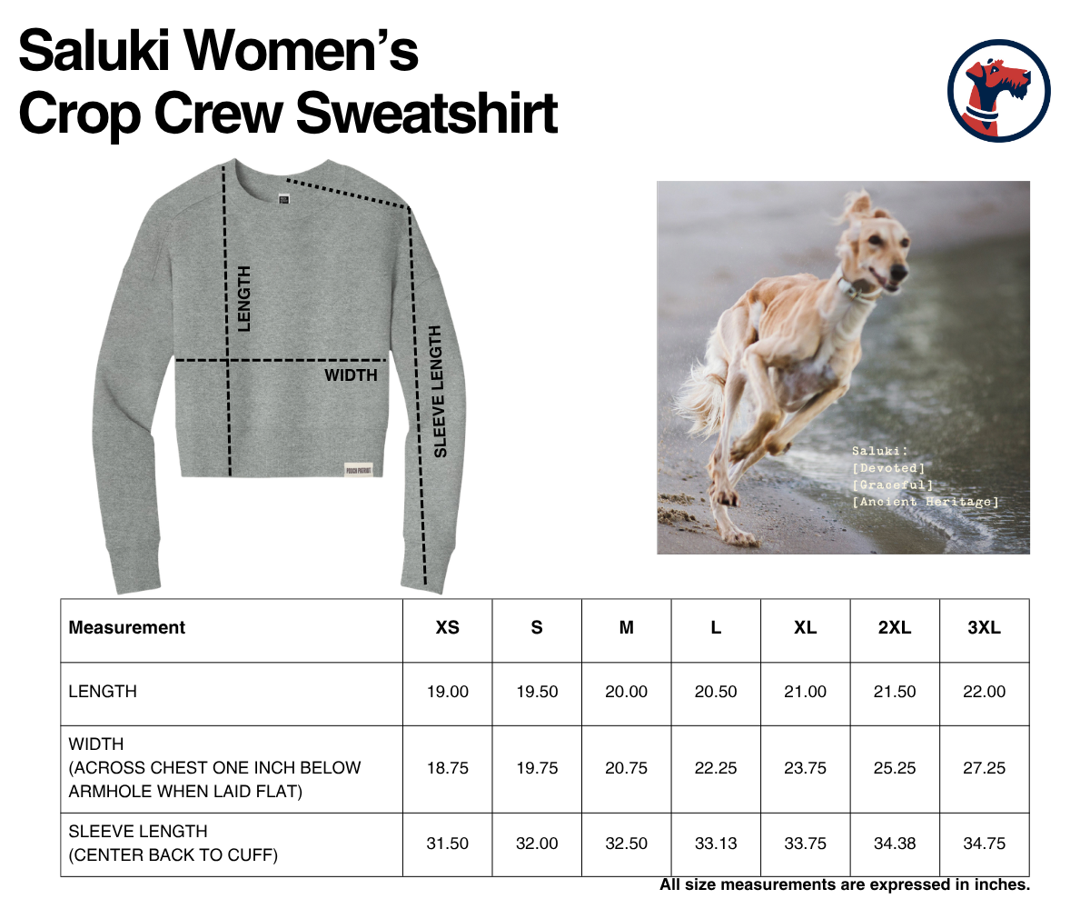 Size chart for The Saluki - Women's Crop Crew Sweatshirt
