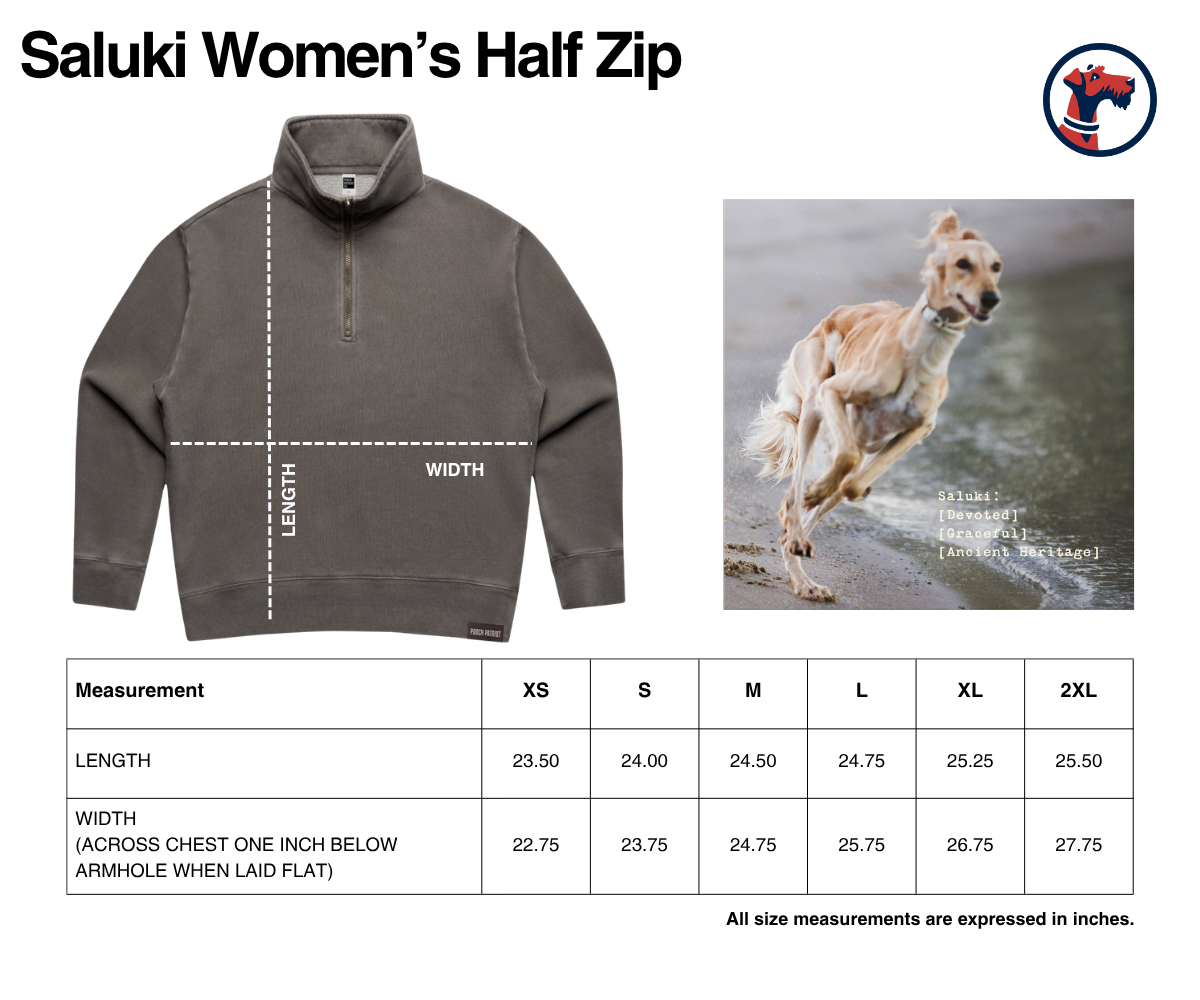 Size chart for The Saluki Women's Half Zip