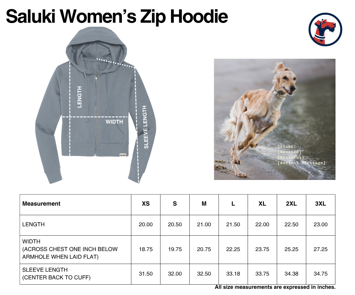 Size chart for The Saluki - Women's Zip Hoodie