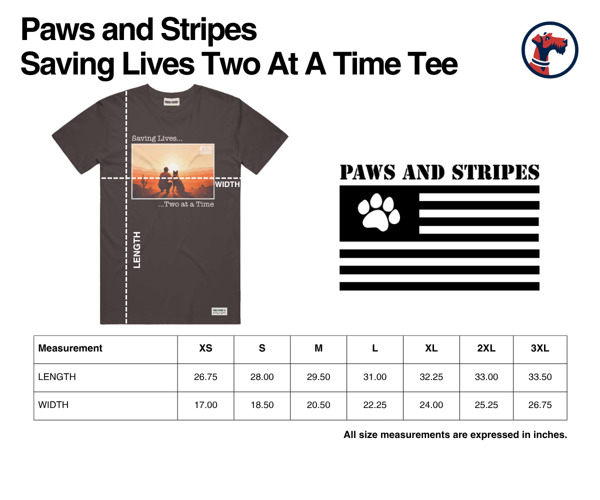 Size chart for Paws and Stripes - Saving Two at a Time Tee