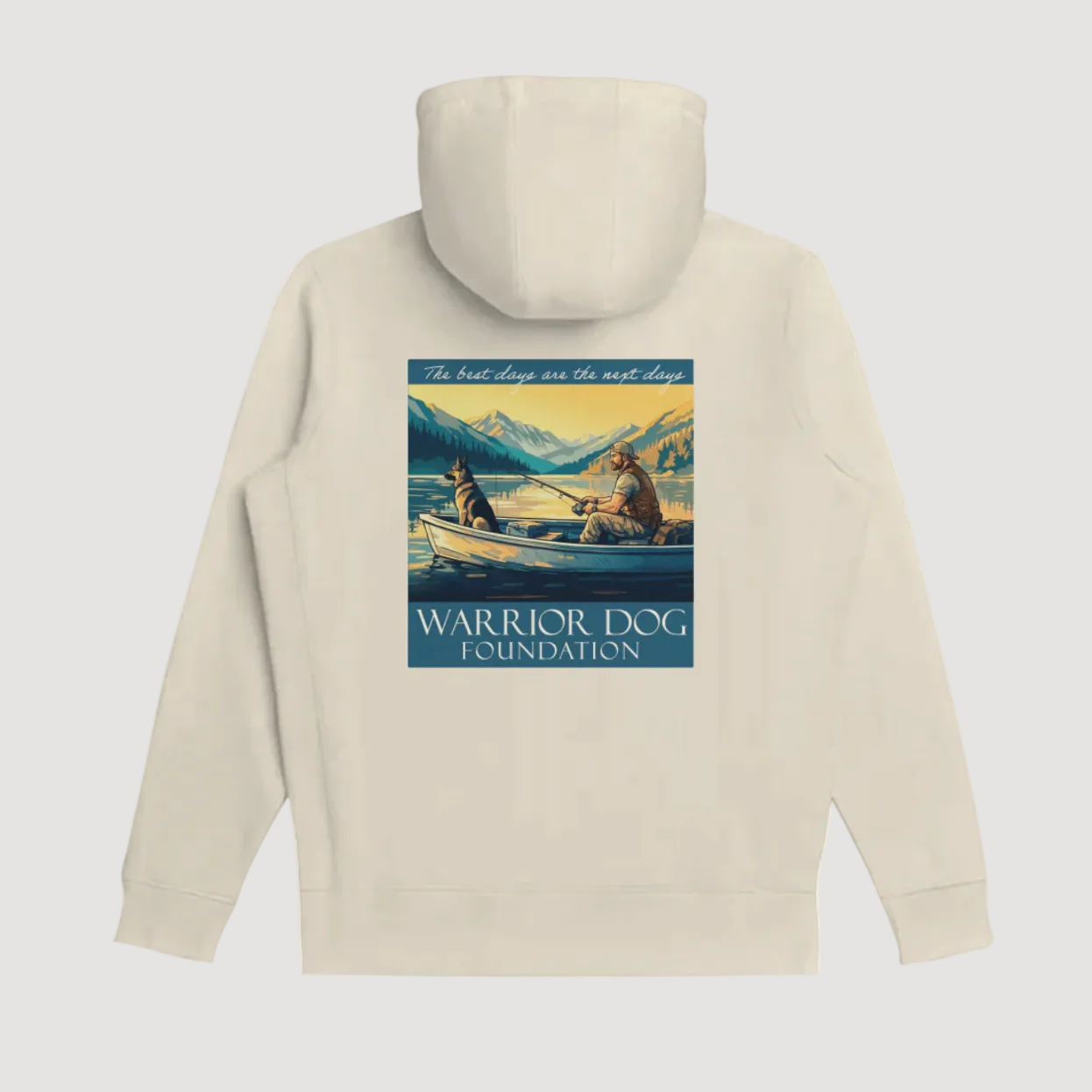 Beige hoodie with a graphic of two people in a boat and mountains on the back, featuring 'Warrior Dog Foundation' text.