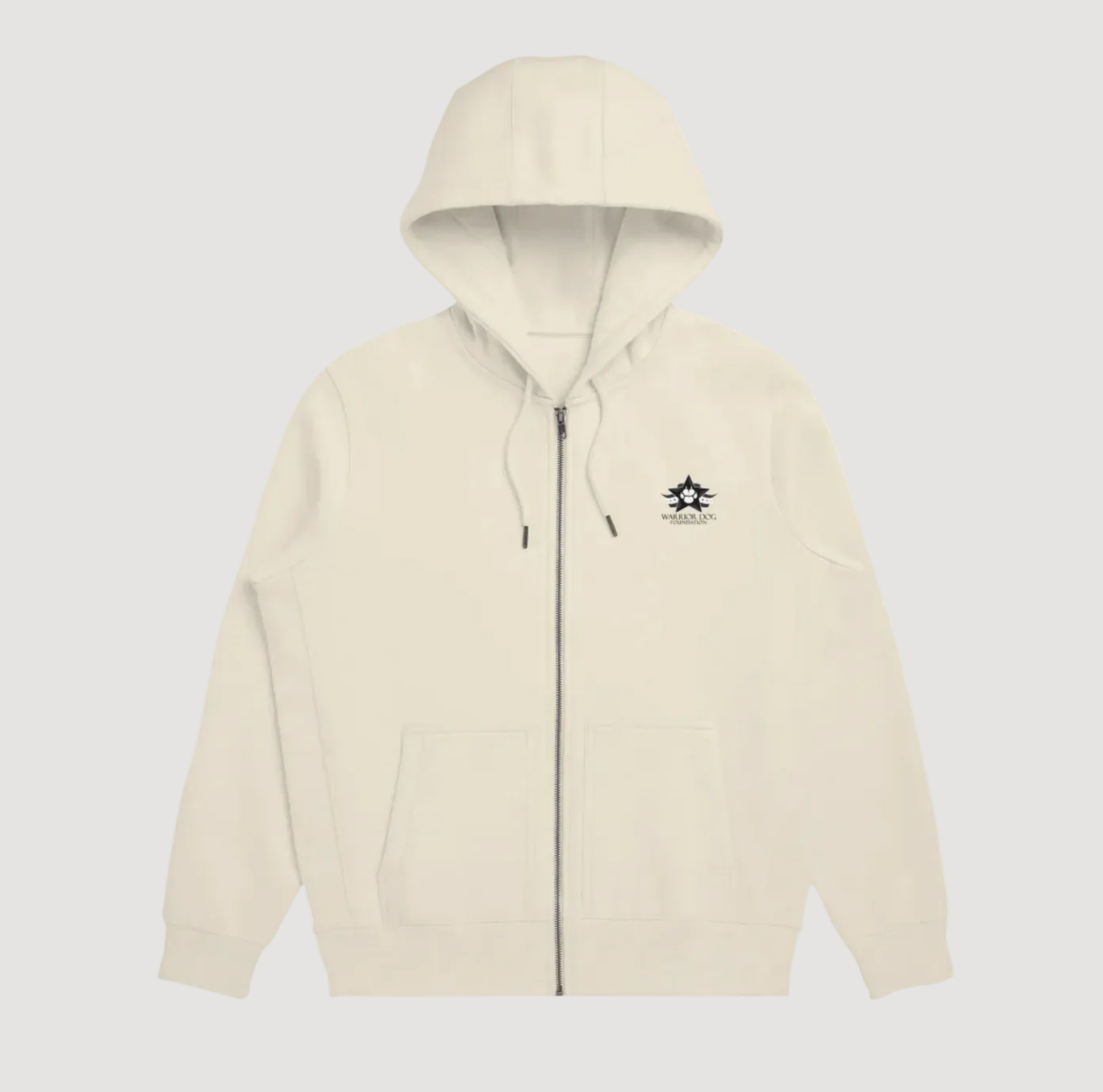 Beige hoodie with a logo on the chest against a white background