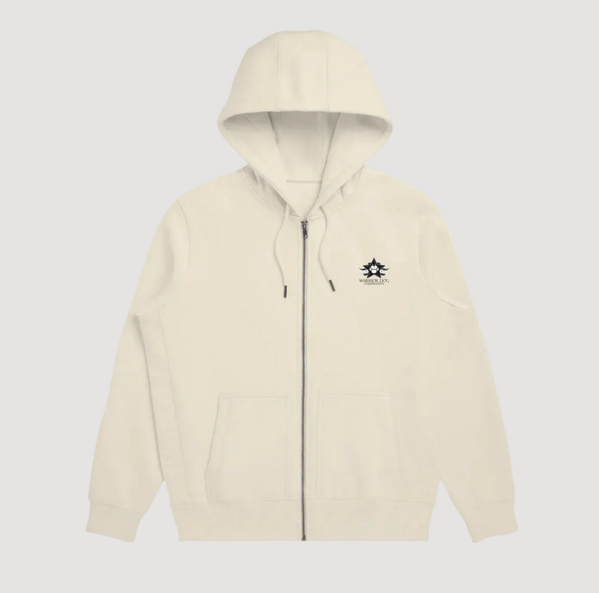 Beige hoodie with a logo on the chest against a white background