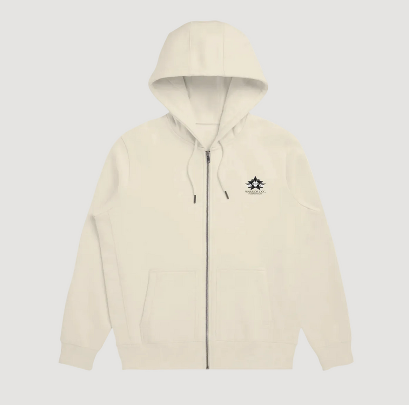 Beige hoodie with a logo on the chest against a white background