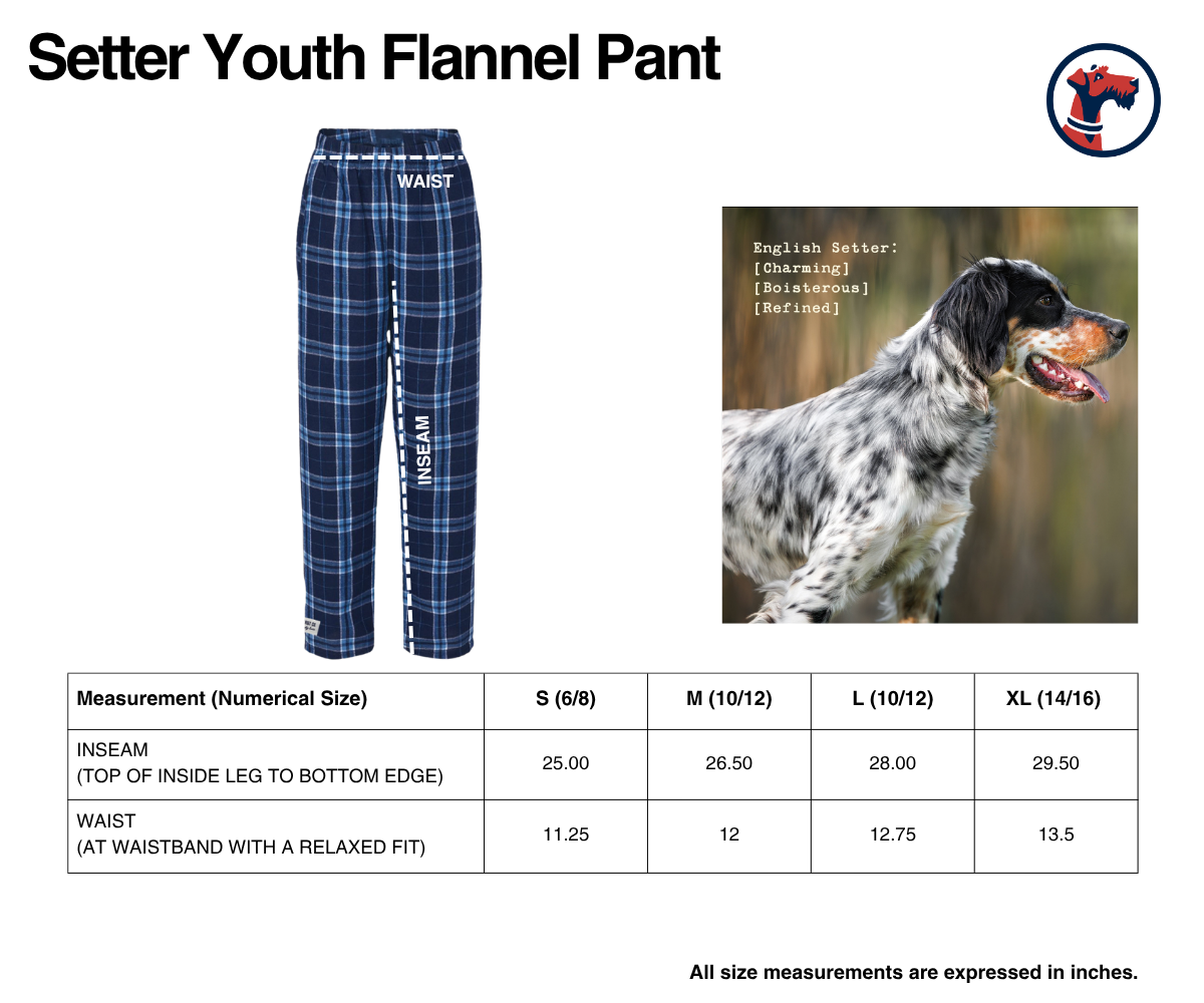 Size chart for The Setter Youth Flannel Pant