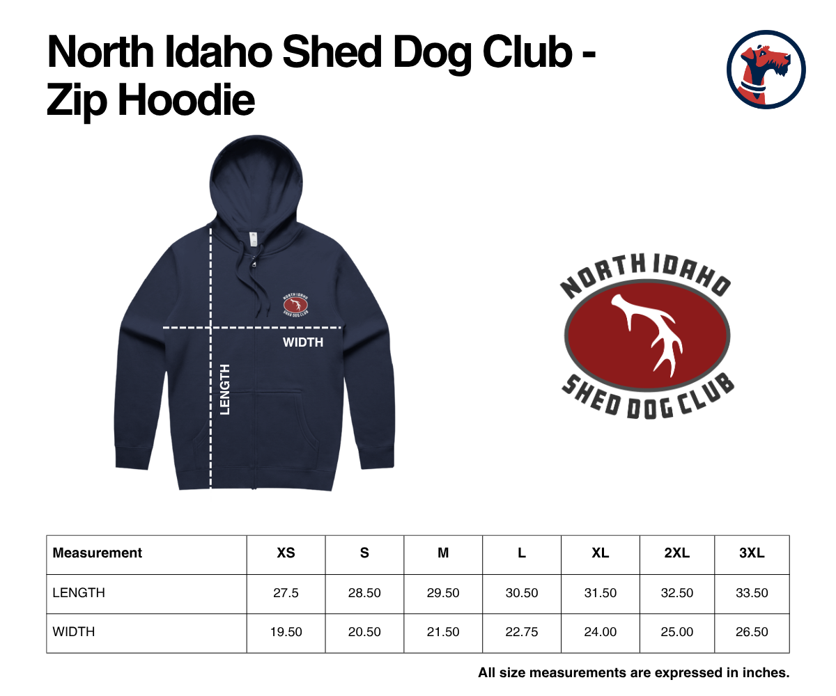 Size chart for North Idaho Shed Dog Club Zip Hoodie