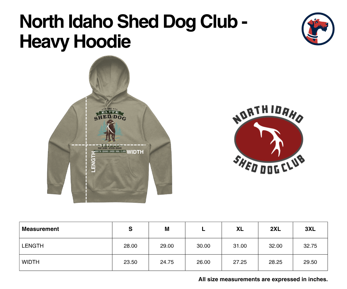 Size chart for North Idaho Shed Dog Club Heavy Hoodie