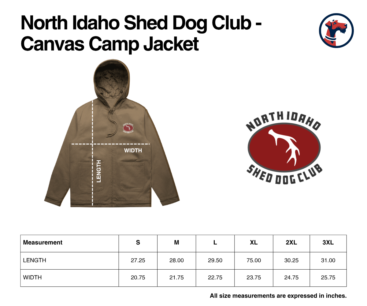 Size chart for North Idaho Shed Dog Club Canvas Camp Jacket
