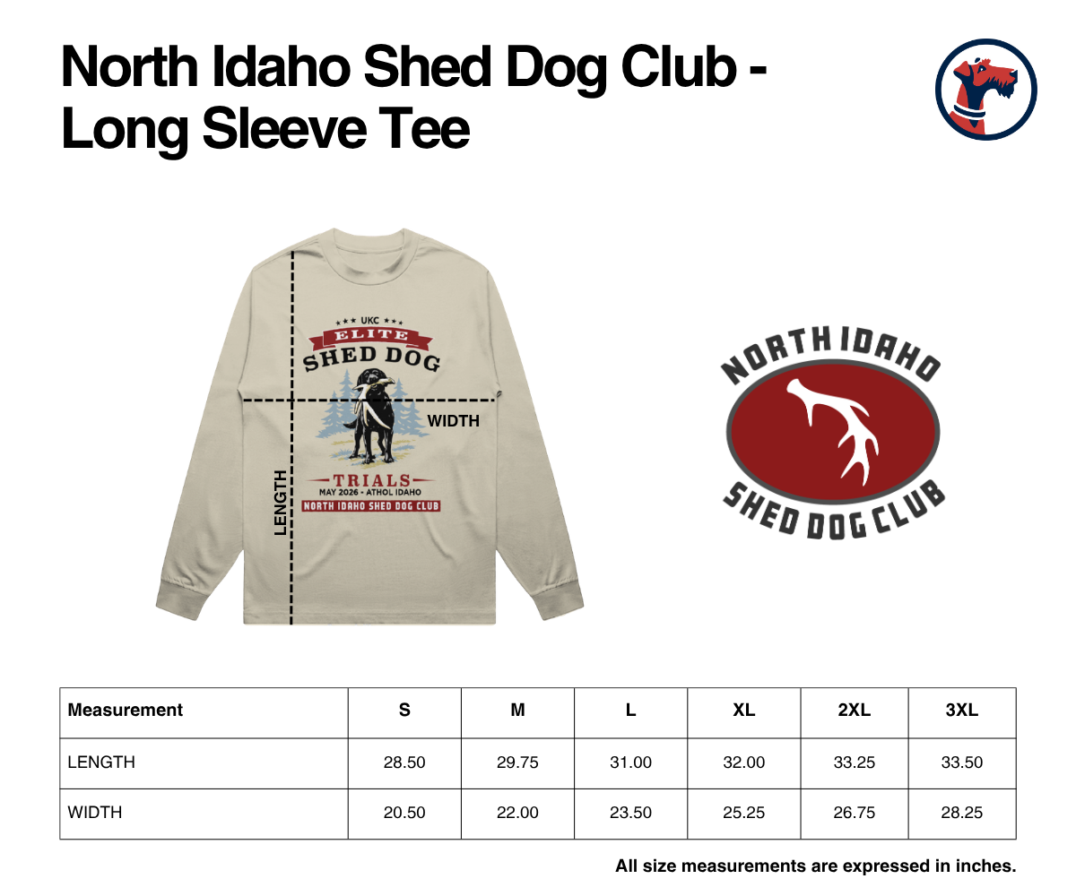Size chart for North Idaho Shed Dog Club Long Sleeve Tee