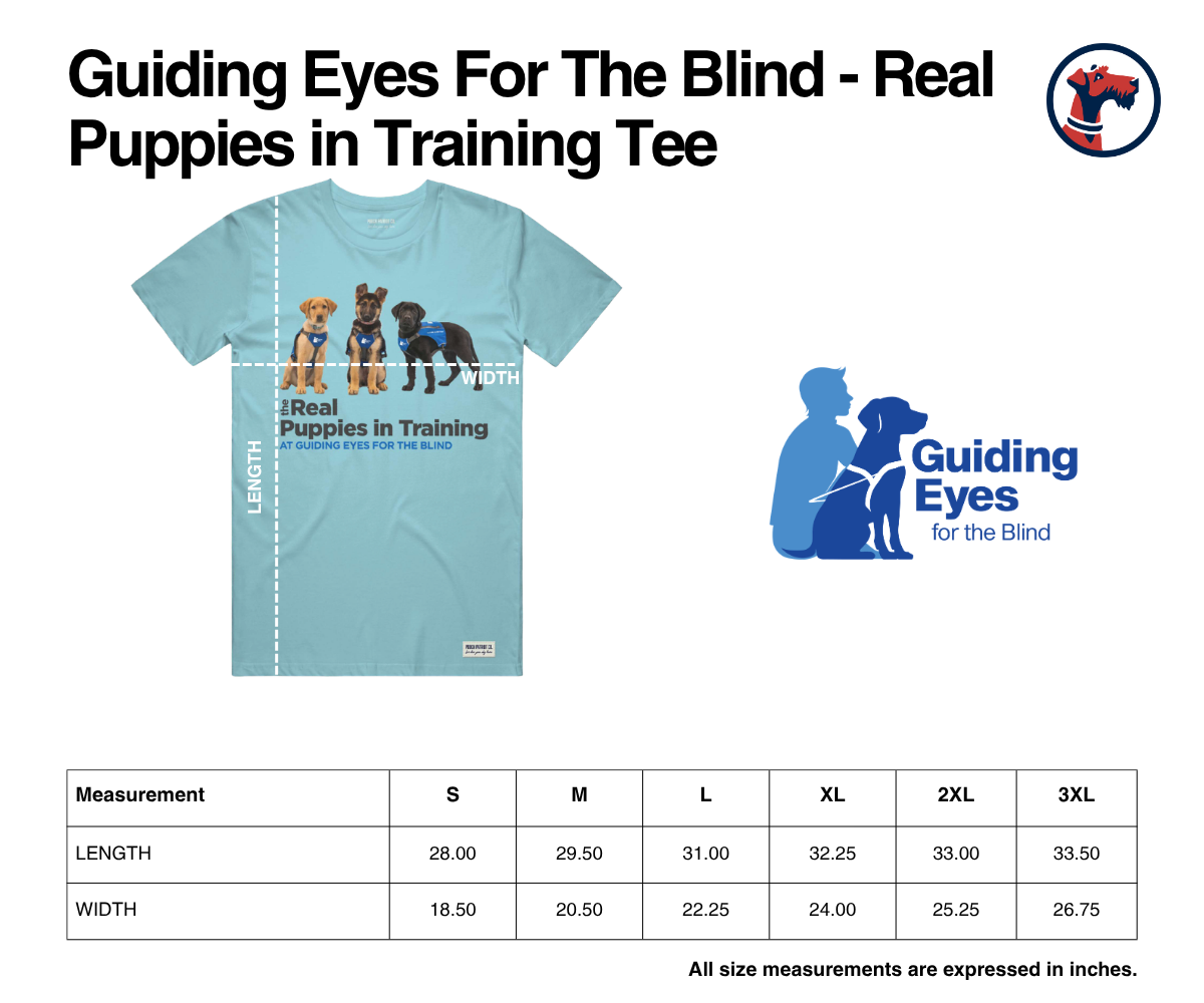 Size chart for The Real Puppies of Guiding Eyes for the Blind