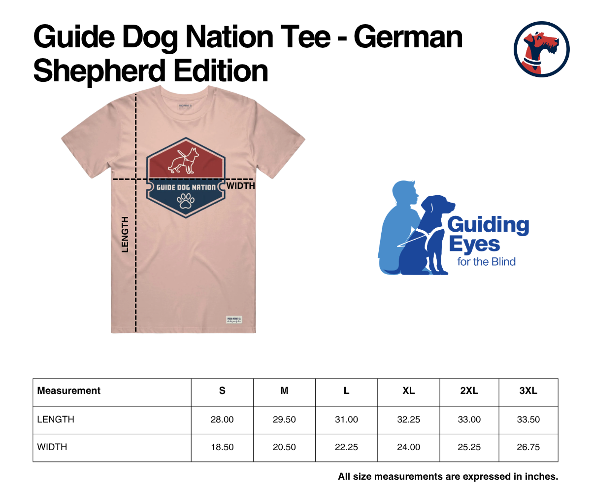 Size chart for Guide Dog Nation Tee - German Shepherd Edition