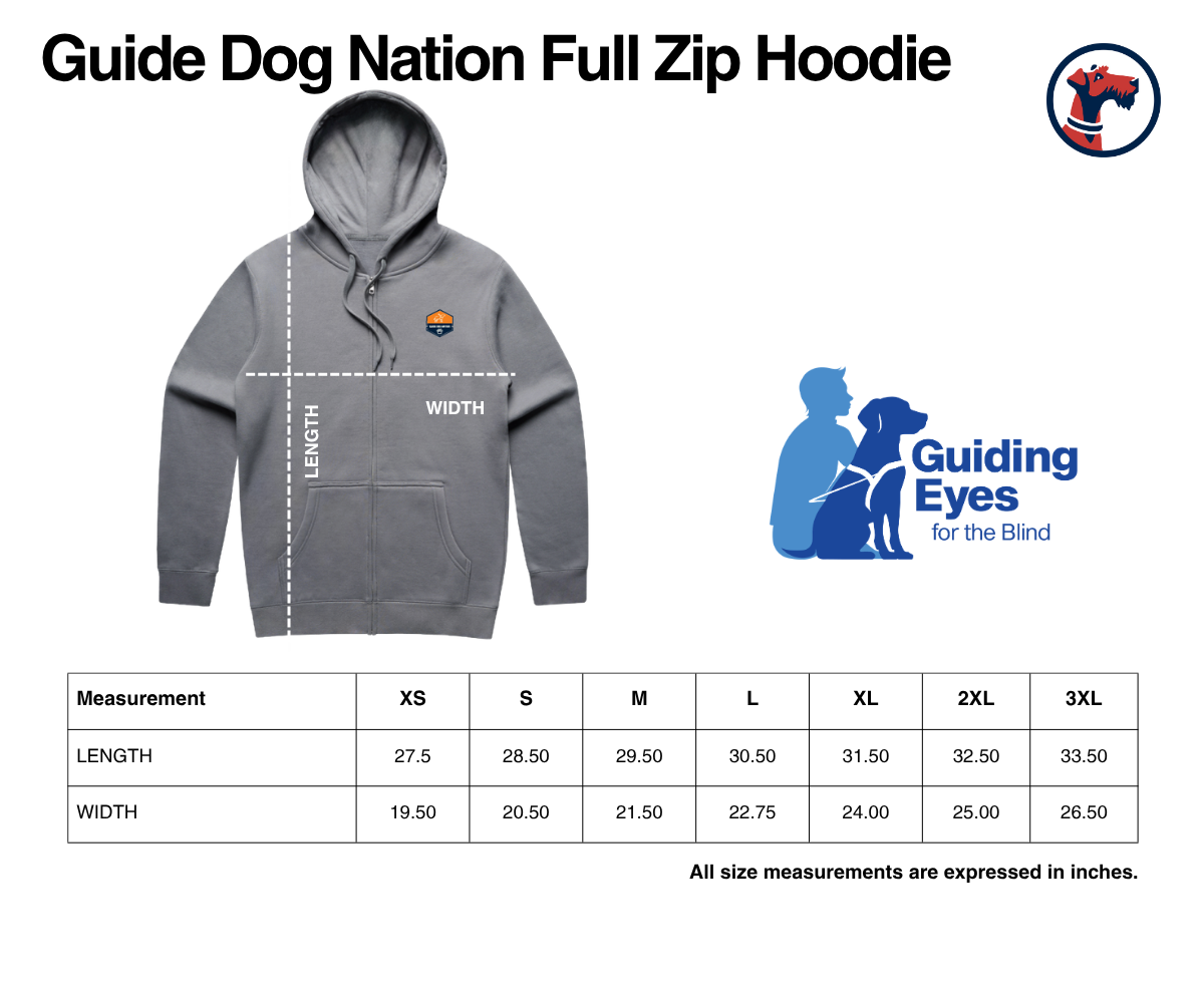 Size chart for Guide Dog Nation Full Zip Hoodie