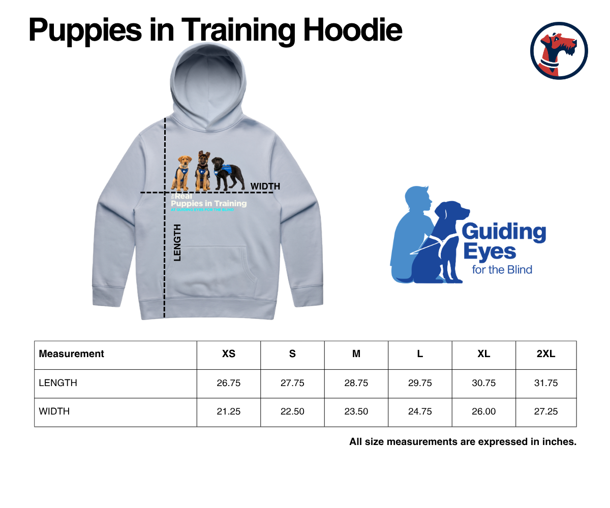 Size chart for Guiding Eyes for the Blind “Puppies in Training” Hoodie