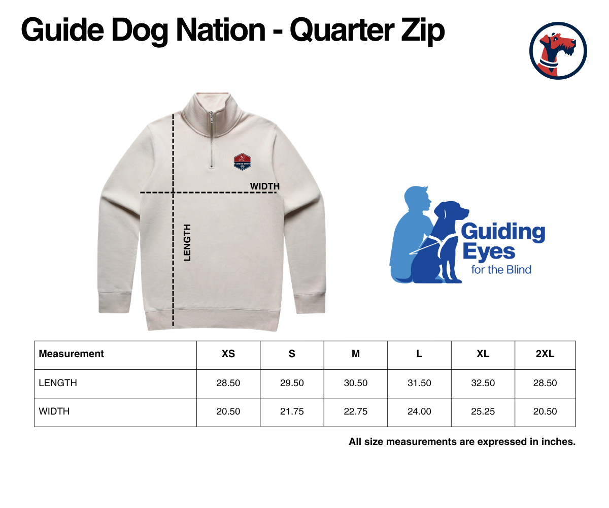 Size chart for Guide Dog Nation Quarter Zip