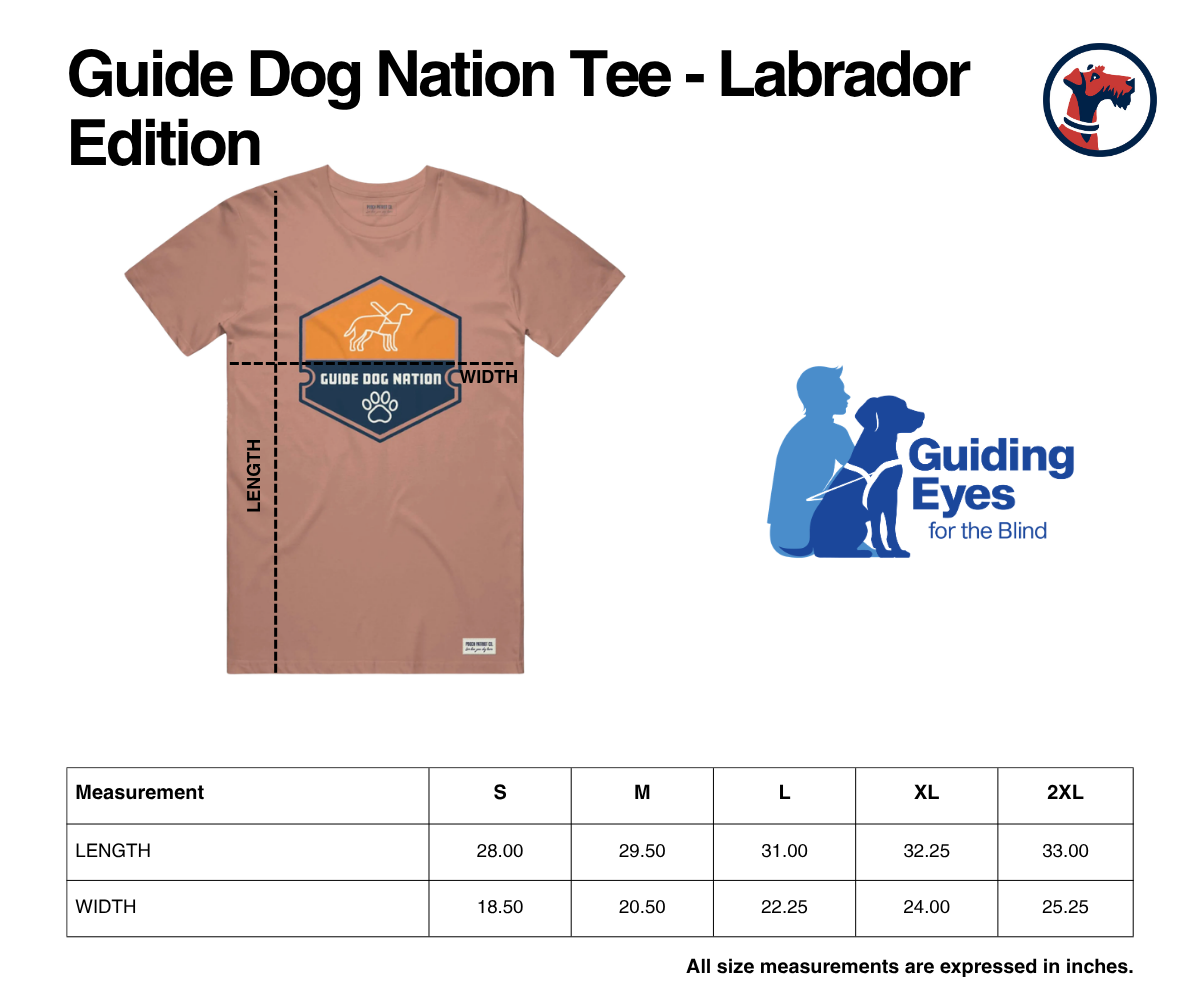Size chart for Guide Dog Nation Tee - Labrador Edition