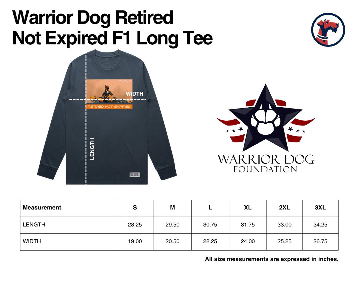 Size chart for Warrior Dog F1 Long Sleeve Tee