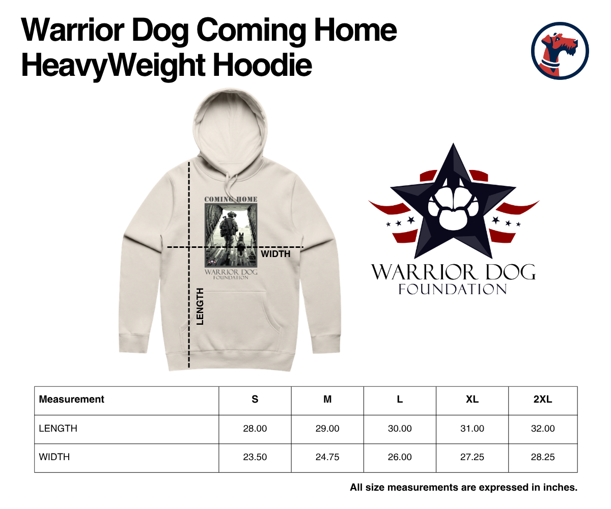 Size chart for Warrior Dog Coming Home Heavy Weight Hoodie