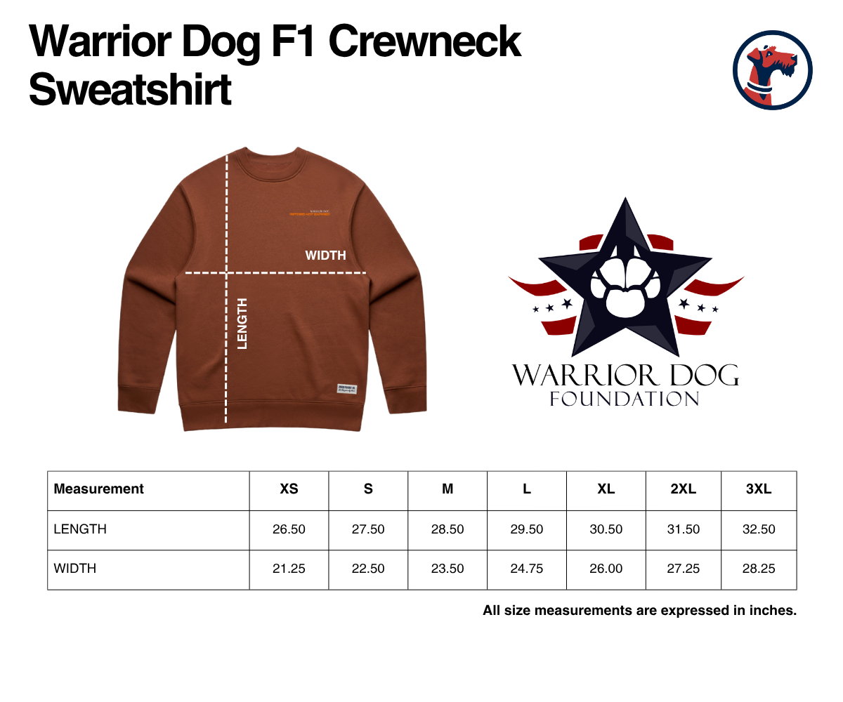 Size chart for Warrior Dog F1 Crewneck Sweatshirt