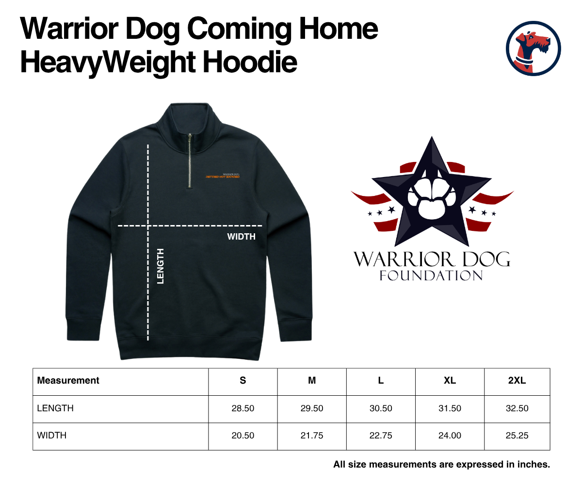 Size chart for Warrior Dog Retired Not Expired Quarter Zip