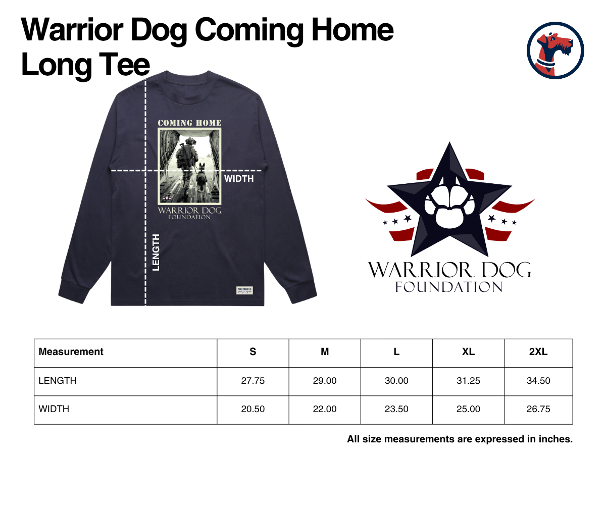 Size chart for Warrior Dog Coming Home Heavy Weight Long Sleeve Tee