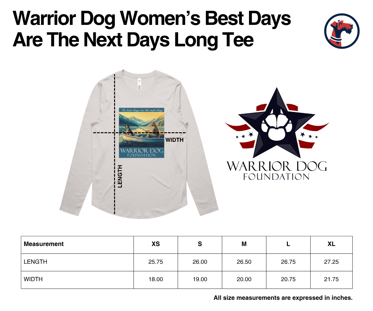 Size chart for Warrior Dog Best Days Women's Curved Tee