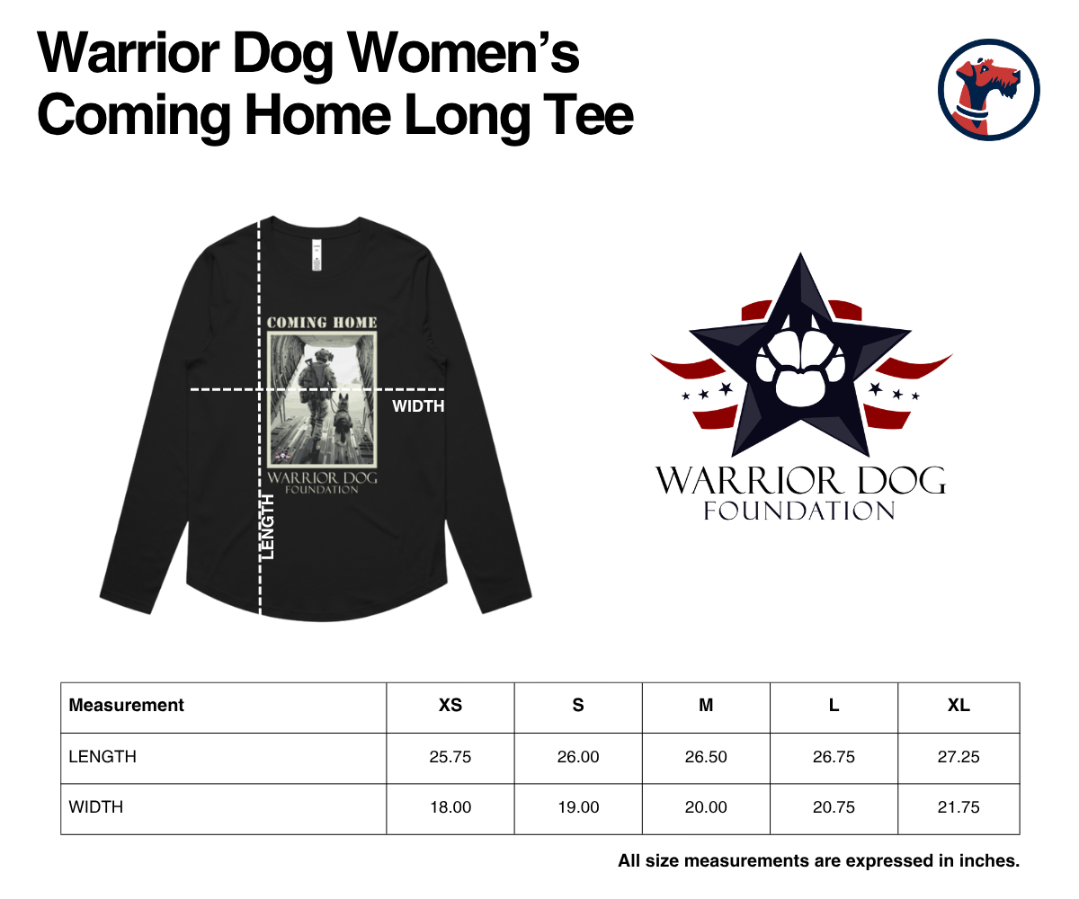 Size chart for Warrior Dog Coming Home Women's Curved Tee
