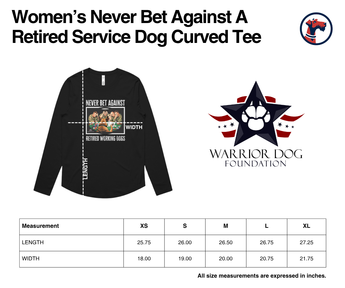 Size chart for Warrior Dog Never Bet Women's Curved Tee