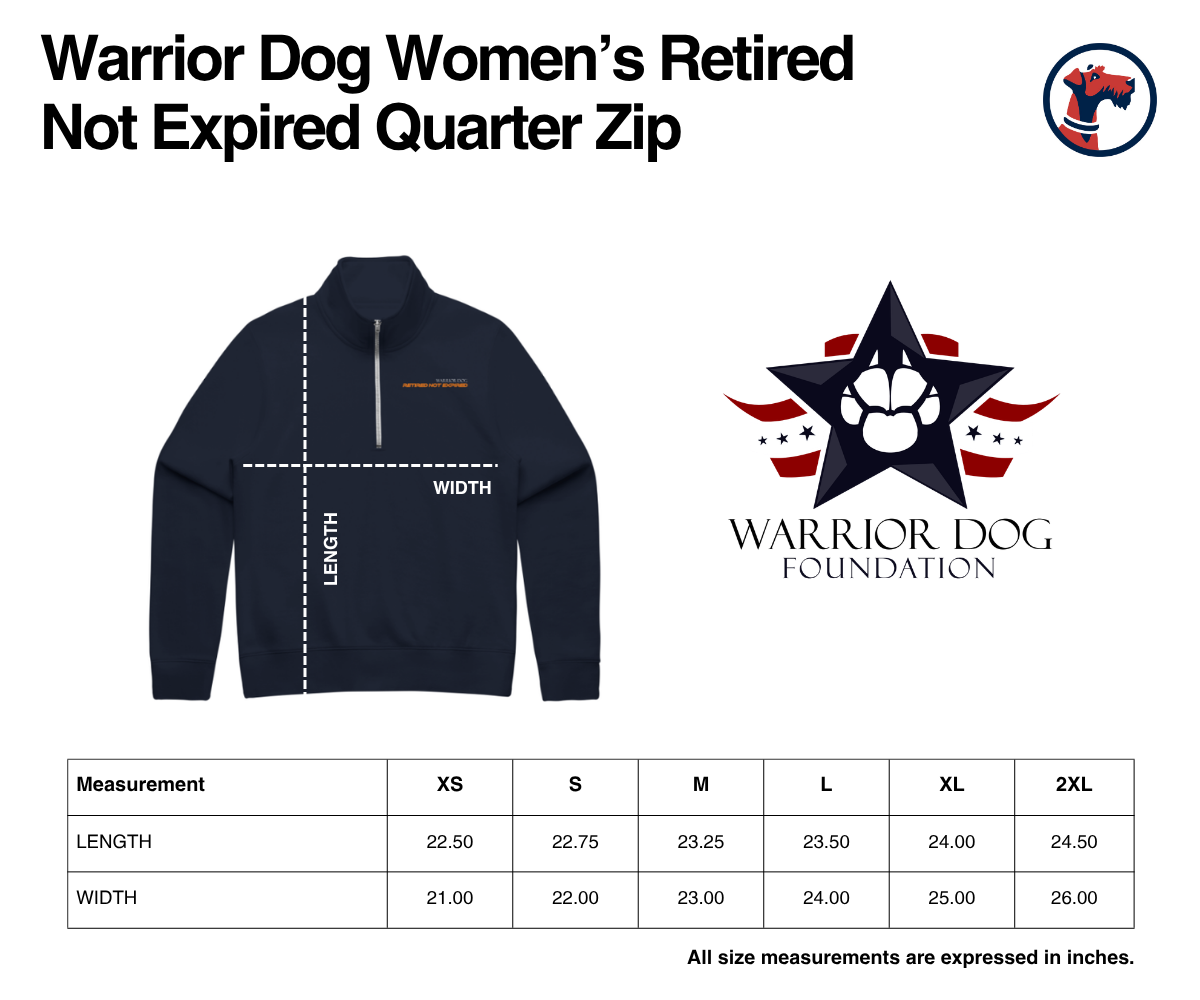 Size chart for Warrior Dog Retired Not Expired Women's Quarter Zip