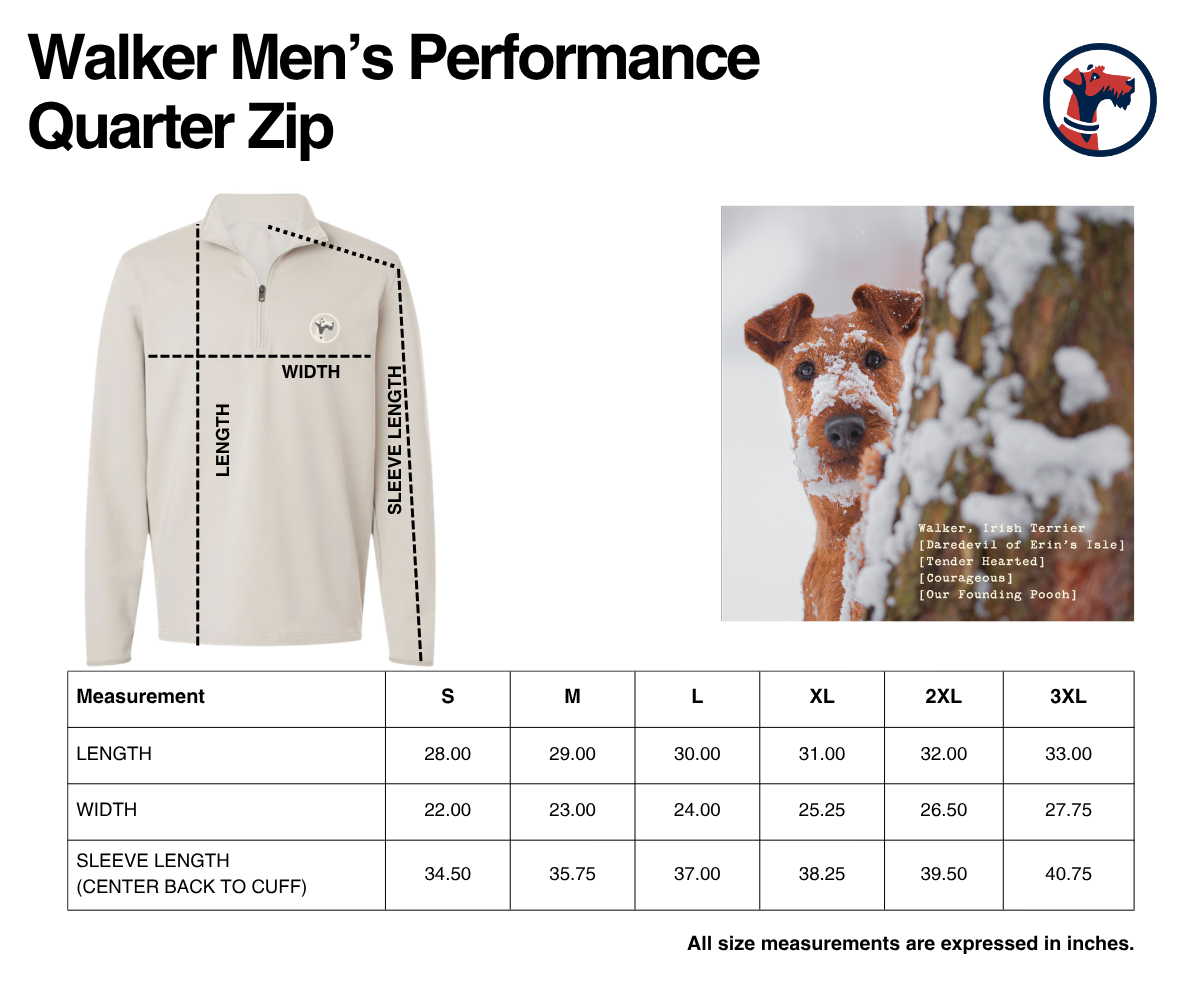 Size chart for Walker Performance Quarter Zip