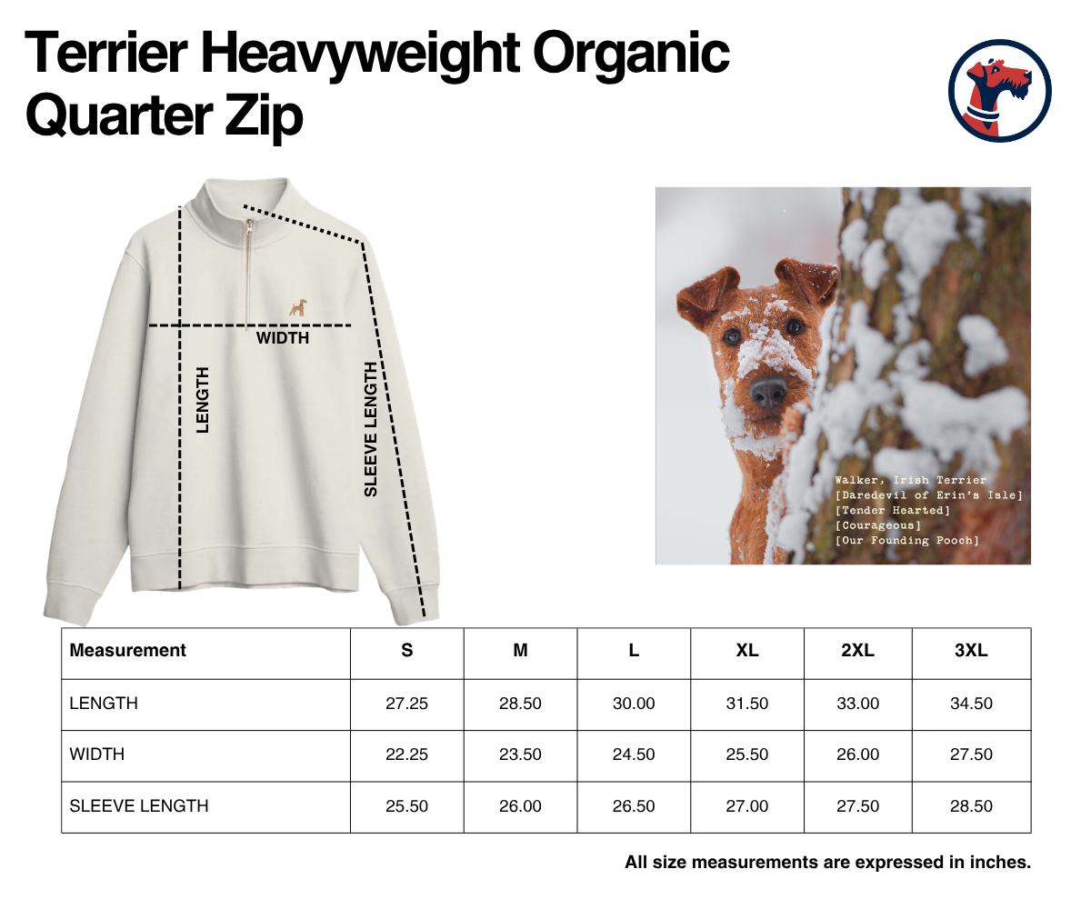 Size chart for Men's Terrier Heavy Weight Organic Quarter Zip