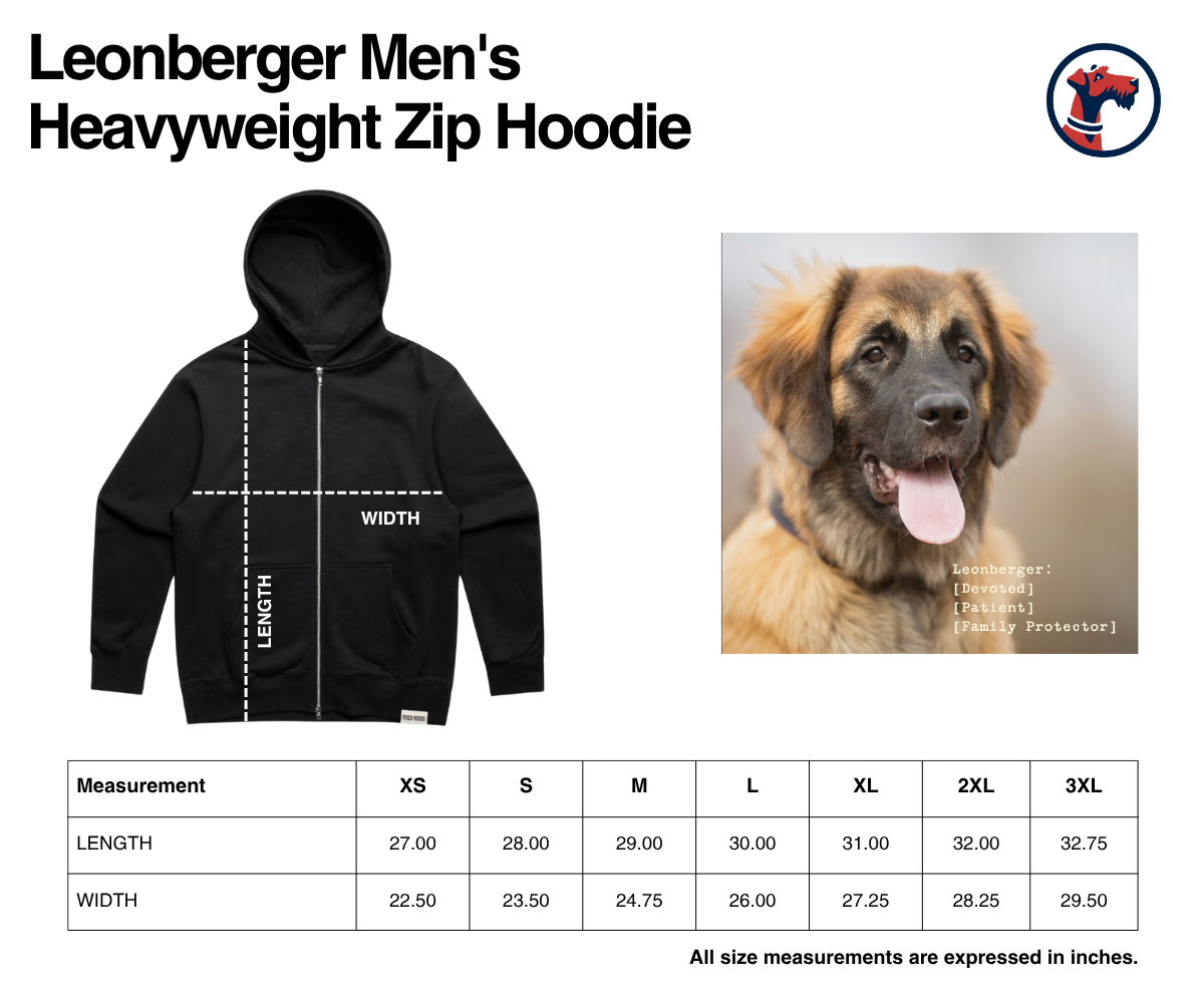 Size chart for The Leonberger Men's Heavyweight Zip Hoodie