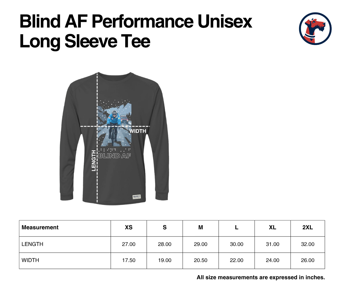 Size chart for Blind AF Performance Unisex Long Sleeve