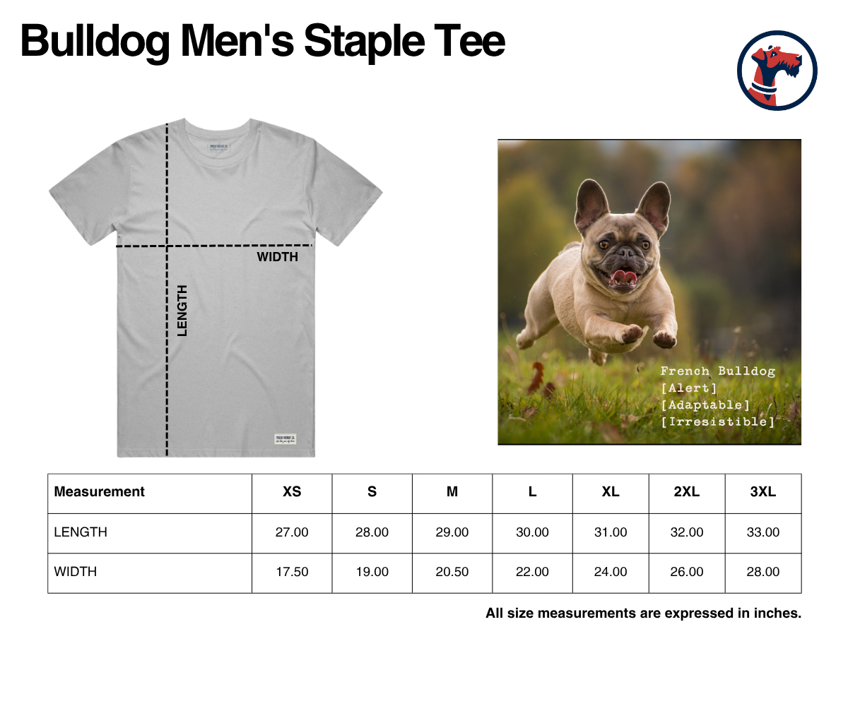 Size chart for The Men's Bulldog Staple Tee
