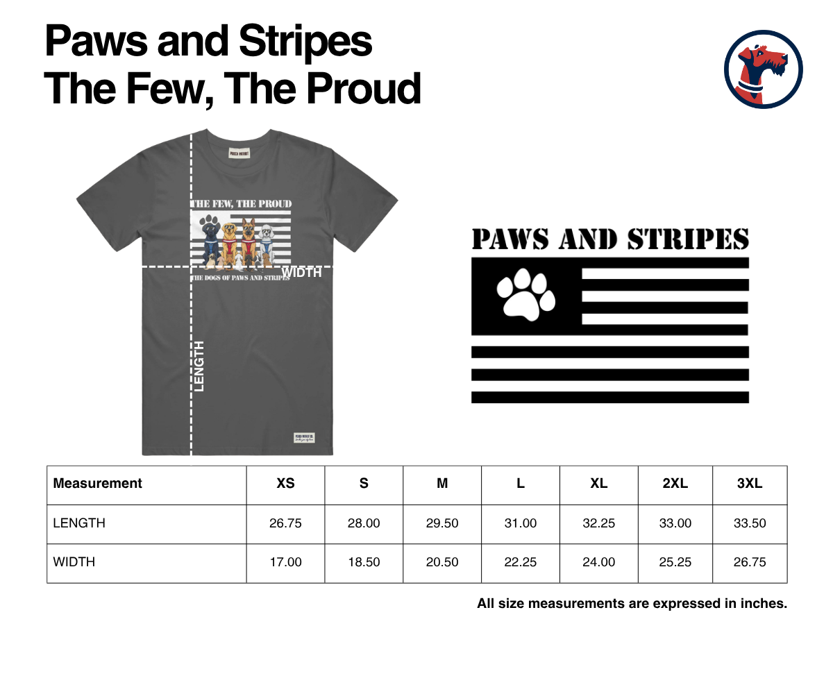 Size chart for Paws and Stripes - The Few, The Proud
