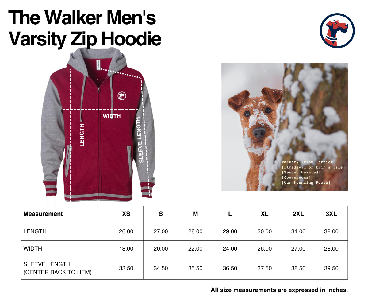 Size chart for The Walker Men's Varsity Zip Hoodie