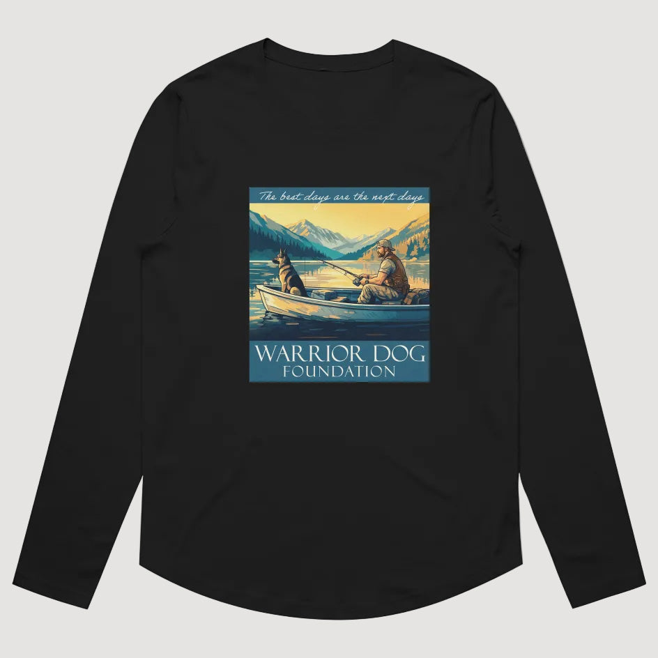 Black long-sleeve shirt with a graphic design and 'Warrior Dog Foundation' text on a gray background
