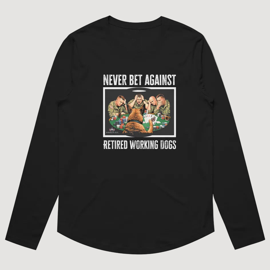 Black long-sleeve shirt with graphic design and text on a light gray background