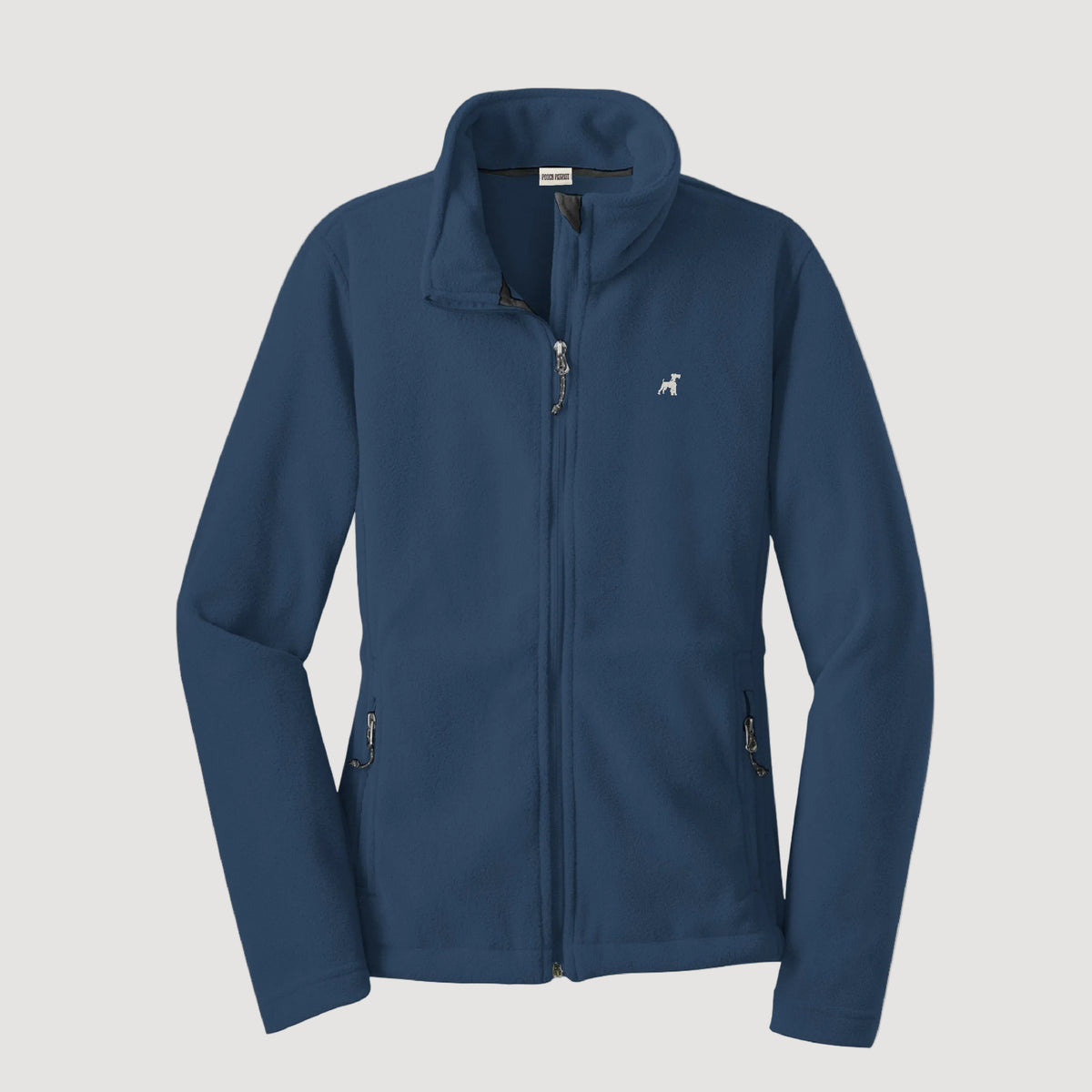 Blue jacket with a brand logo on a beige background