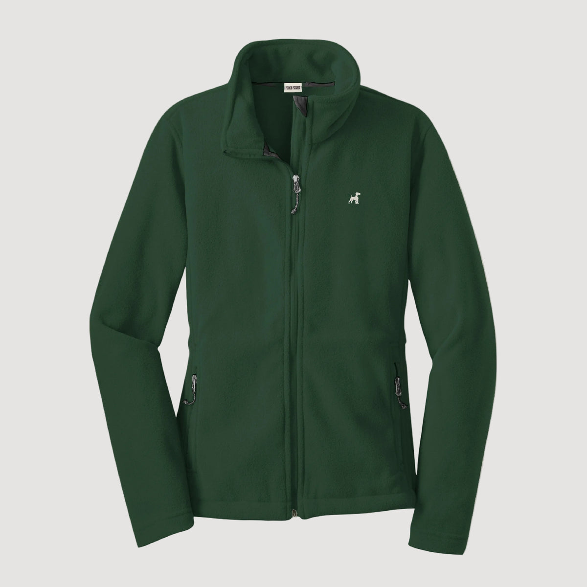 Green jacket with a brand logo on a beige background