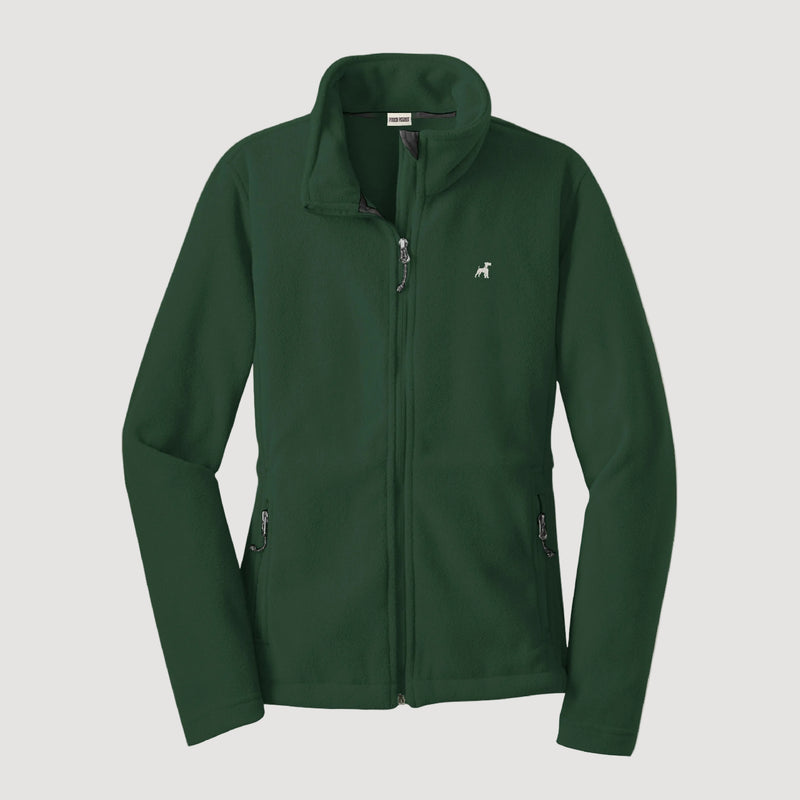 Green jacket with a brand logo on a beige background