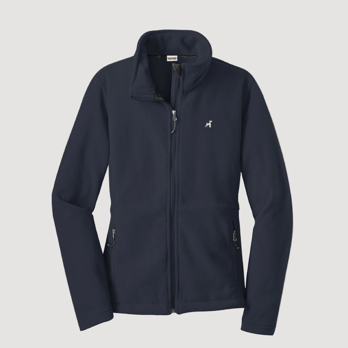 Navy blue jacket with a small logo on a beige background