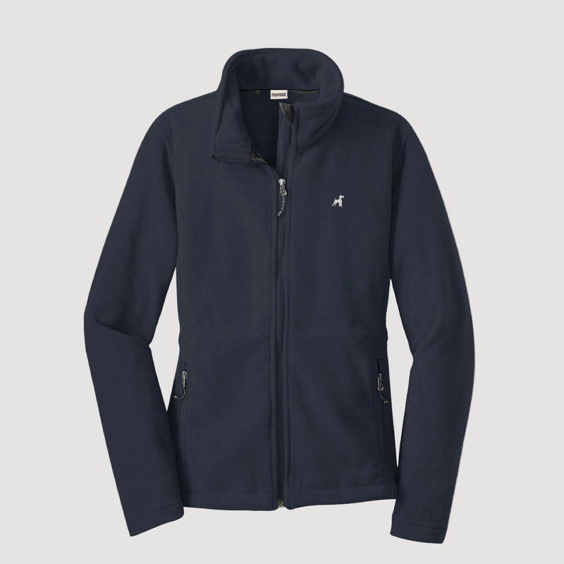 Navy blue jacket with a small logo on a beige background