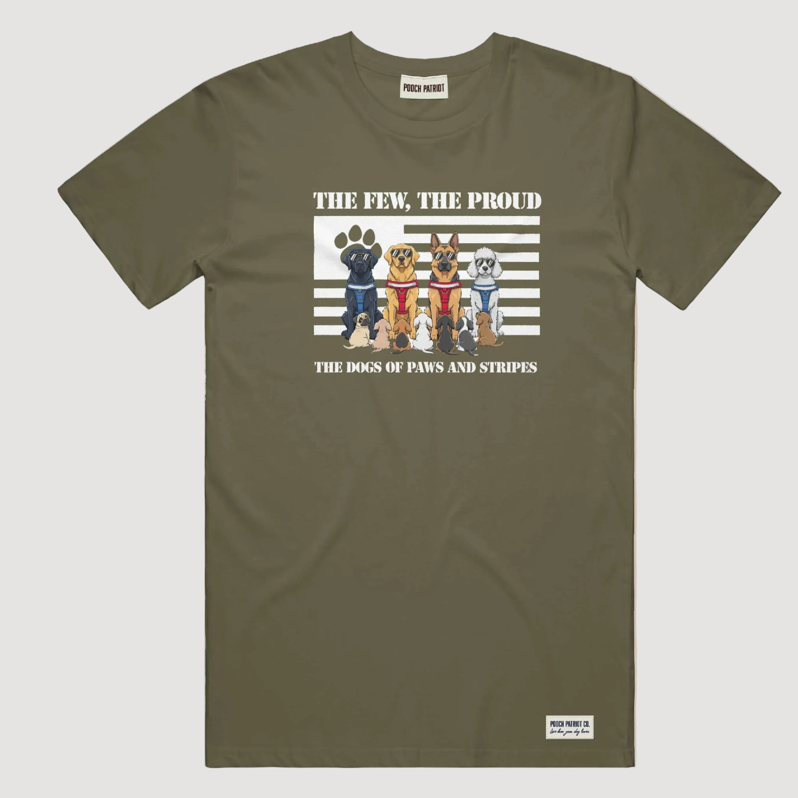 Green t-shirt with a graphic of four dogs and text on a beige background