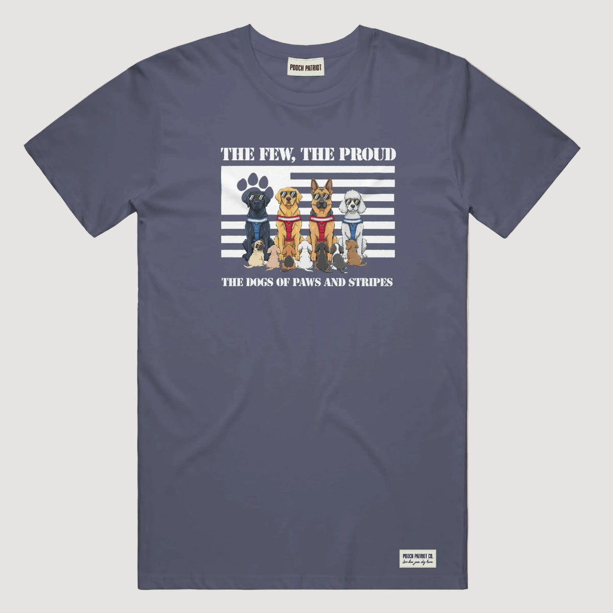 Navy blue t-shirt with a graphic of four dogs and text on a beige background