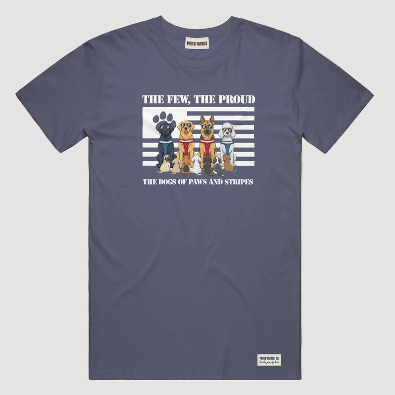 Navy blue t-shirt with a graphic of four dogs and text on a beige background