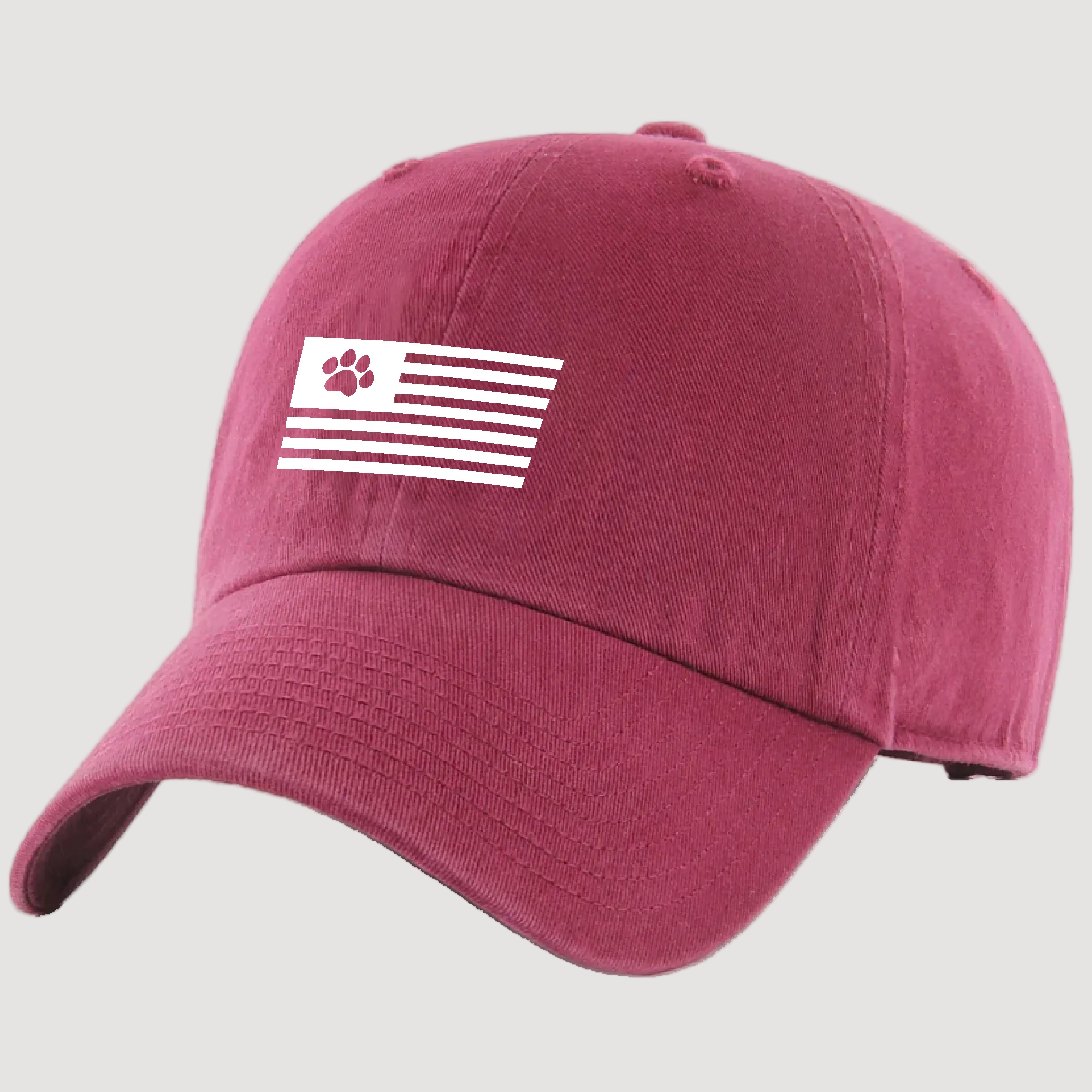 Maroon cap with a white paw print flag design on a white background