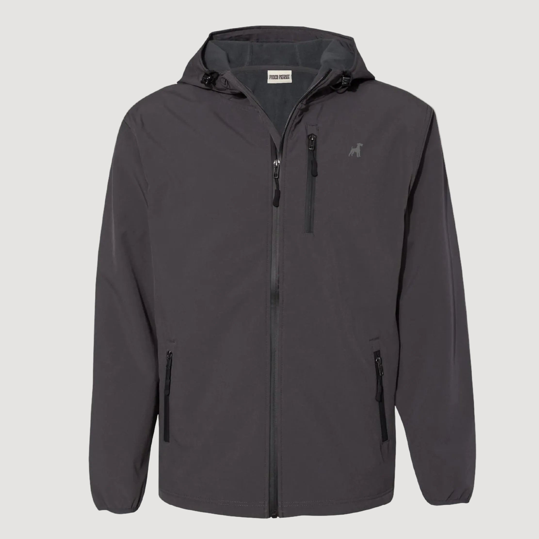 Dark gray jacket with a brand logo on a beige background