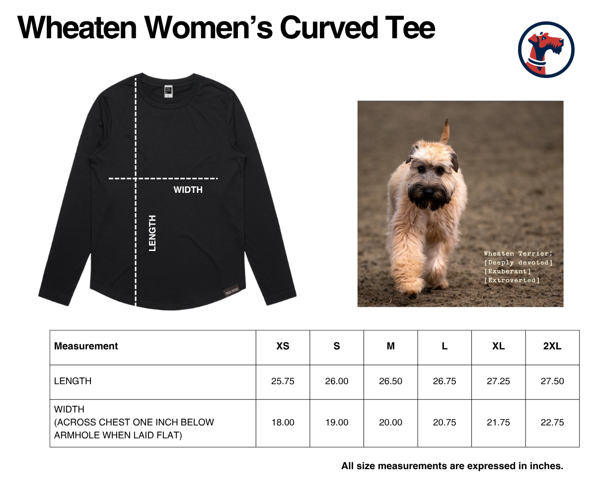 Size chart for Wheaten Women's Curved Tee